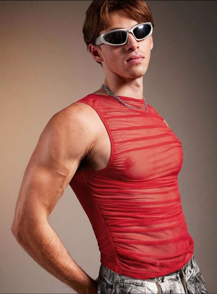 Men's mesh sheer ,ruched design,slim fit men's tank top